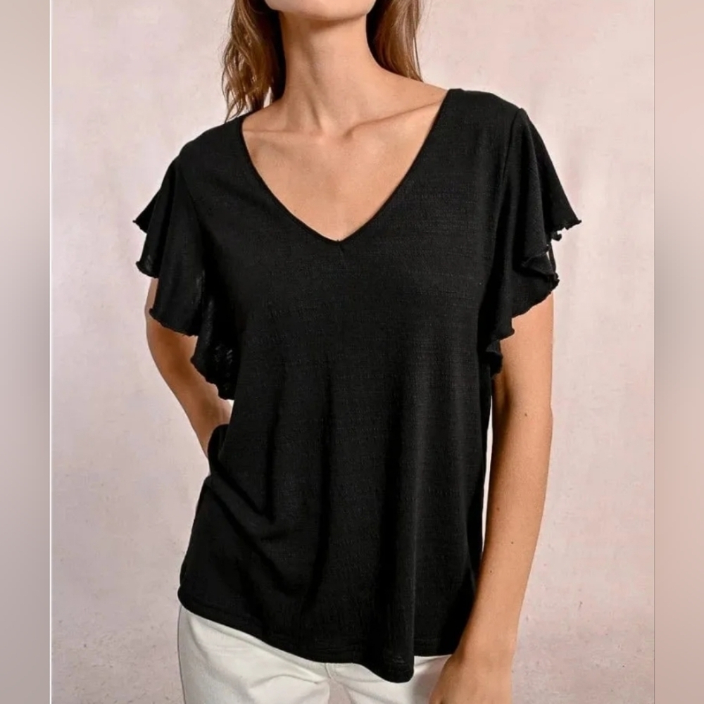 LIVERPOOL LOS ANGELES BLACK T SHIRT WITH RUFFLE SLEEVES SIZE X SMALL